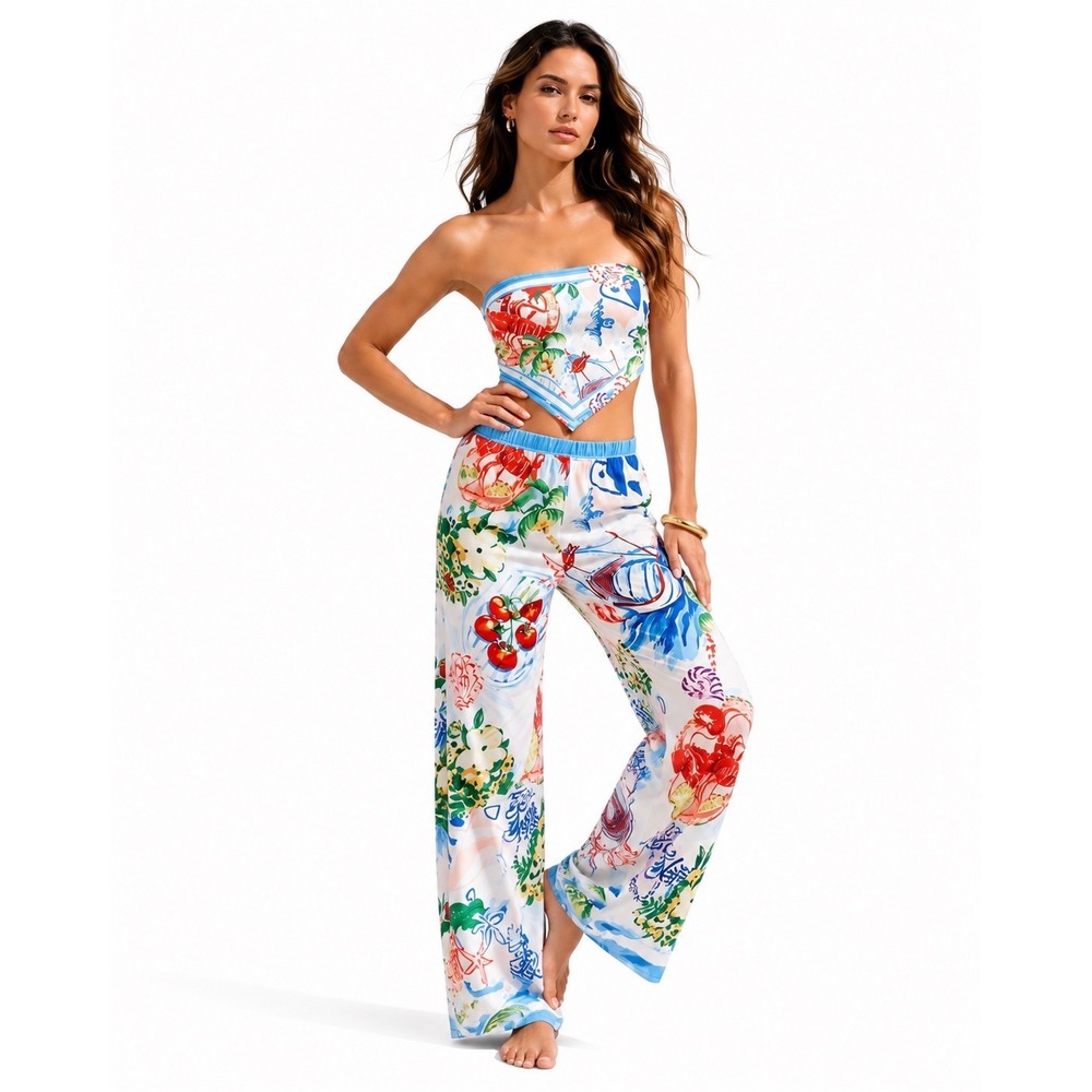 Mediterranean Coastal Print 2 Piece‎ Set Scarf Top Wide Leg Pants Blue White M